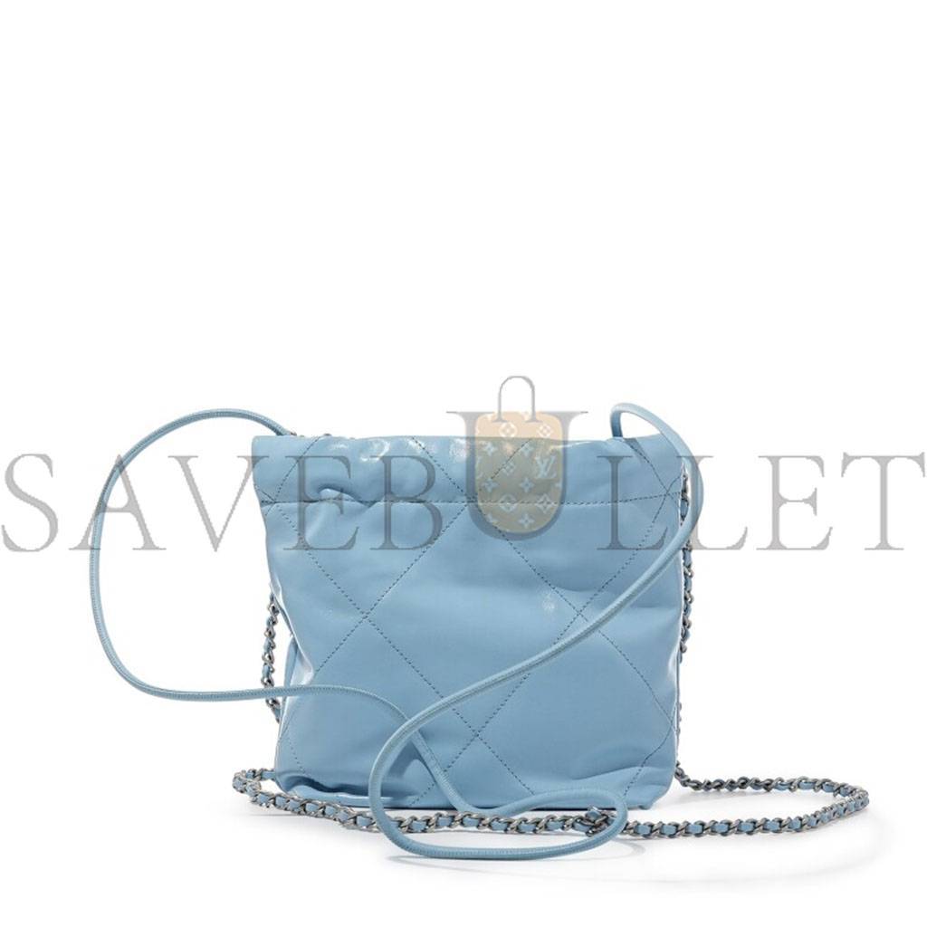 CHANEL LIGHT BLUE QUILTED CALFSKIN MINI 22 BAG SILVER HARDWARE AS3980 (20*19*6cm)